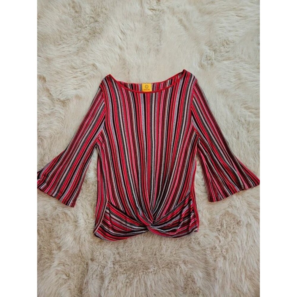 Ruby Rd. Striped Metallic Twist Front Top L | Retro Shimmer Bell Sleeve Blouse